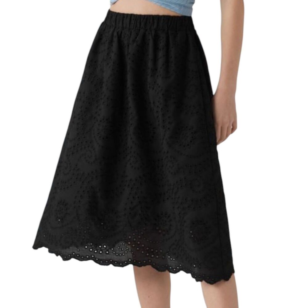 Halara Resort Embroidery Eyelet High Waist A Line Midi Skirt Black XS